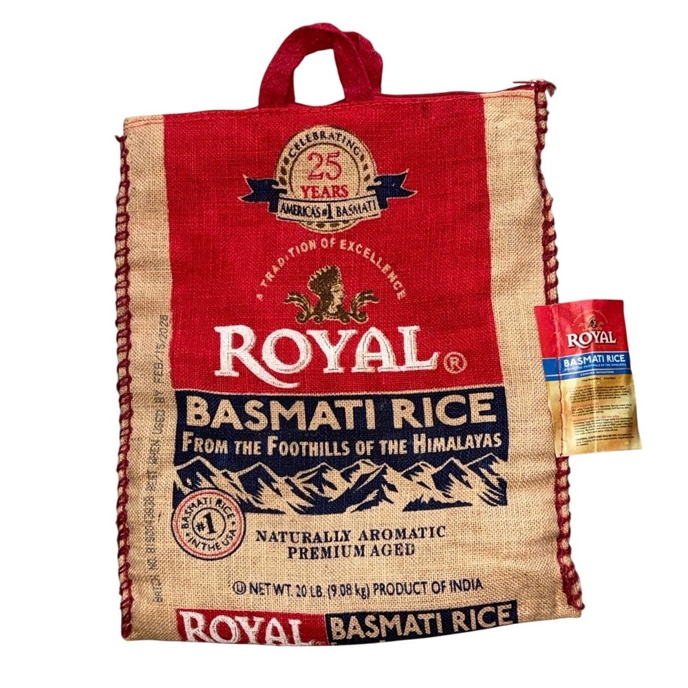 ROYAL BASMATI RICE Burlap Jute Market Tote Reusable Zipper Bag 18x15